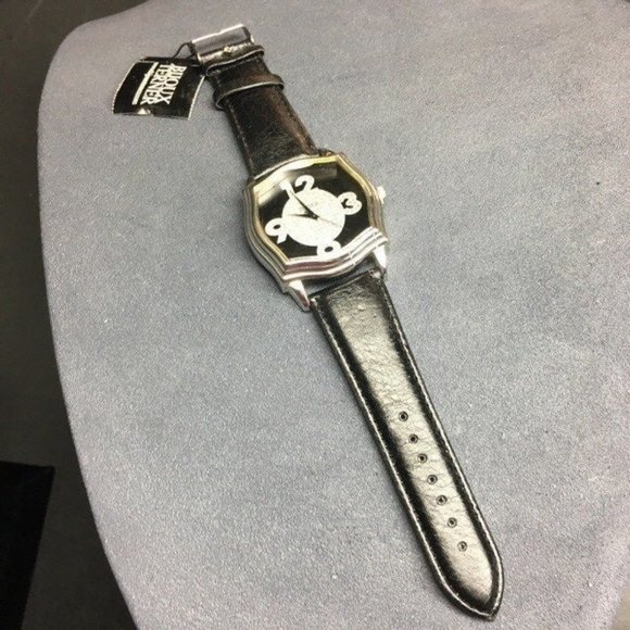 Bijoux Terner Leather Watch Tags As Is Black Silver Rhinestone Retro BoHo - Picture 1 of 7